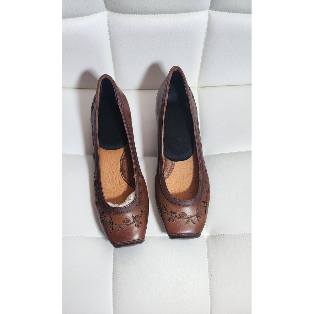 Pikolinos Brown Leather Floral Embroidered Square Toe Wedge Pumps Womens Size 36